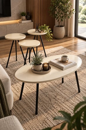 SuloraHome Metal Ayaklı Elips Sehpa Seti Ekru 4'lü