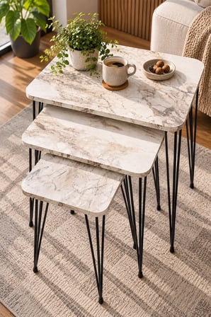 SuloraHome 3'lü Mermer Desenli Metal Tel Zigon Sehpa Takımı Beyaz