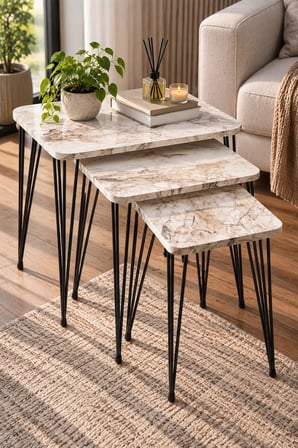 SuloraHome 3'lü Mermer Desenli Metal Tel Zigon Sehpa Takımı Beyaz