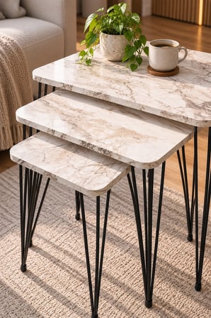 SuloraHome 3'lü Mermer Desenli Metal Tel Zigon Sehpa Takımı Beyaz