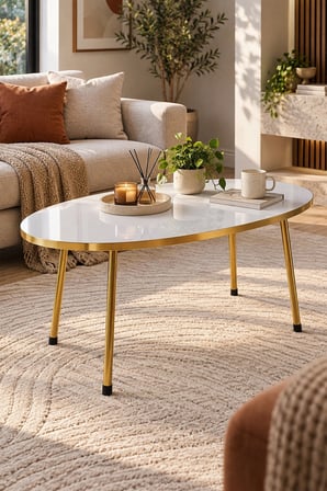 SuloraHome Gold Metal Oval Orta Sehpa Beyaz