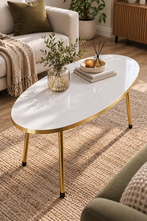 SuloraHome Gold Metal Oval Orta Sehpa Beyaz