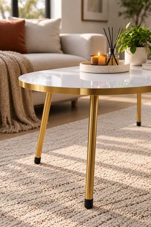SuloraHome Gold Metal Oval Orta Sehpa Beyaz