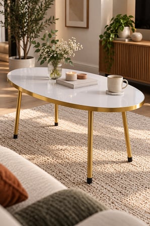 SuloraHome Gold Metal Oval Orta Sehpa Beyaz