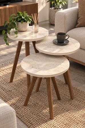 SuloraHome Torna Ayaklı Zigon Sehpa Seti Ekru 3'lü