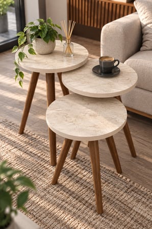 SuloraHome Torna Ayaklı Zigon Sehpa Seti Ekru 3'lü
