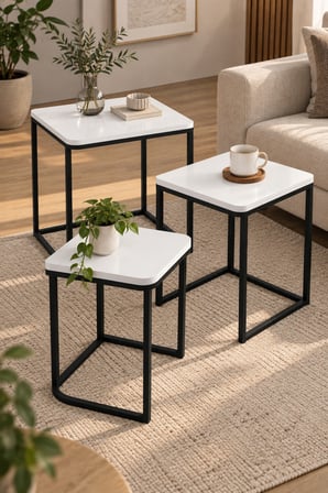 SuloraHome Beyaz 3'lü Kare Zigon Sehpa Seti Metal Ayaklı