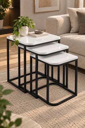 SuloraHome Beyaz 3'lü Kare Zigon Sehpa Seti Metal Ayaklı