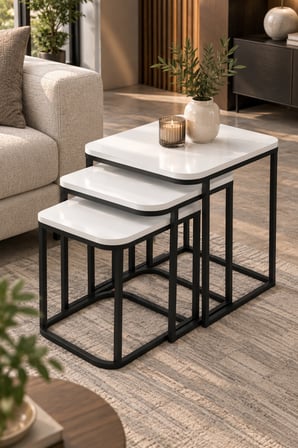 SuloraHome Beyaz 3'lü Kare Zigon Sehpa Seti Metal Ayaklı