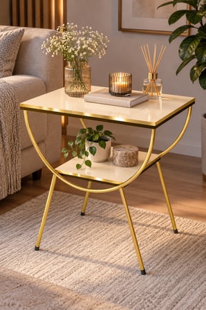 SuloraHome Yan Sehpa Komodin Gold ve Krem Renkli İki Katlı Tasarım