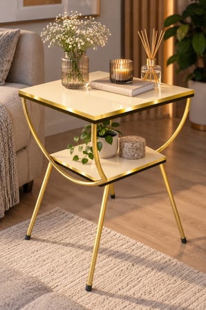 SuloraHome Yan Sehpa Komodin Gold ve Krem Renkli İki Katlı Tasarım