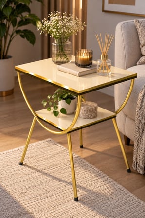 SuloraHome Yan Sehpa Komodin Gold ve Krem Renkli İki Katlı Tasarım