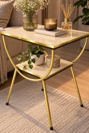 SuloraHome Yan Sehpa Komodin Gold ve Krem Renkli İki Katlı Tasarım
