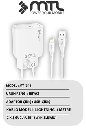 18W QC 3.0 Destekli Hızlı USB Adaptör + Lightning iPhone Usb Kablo Hızlı Şarj Seti MT1313