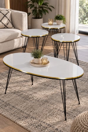 SuloraHome Siyah Tel Ayaklı Beyaz 4'lü Sehpa Seti