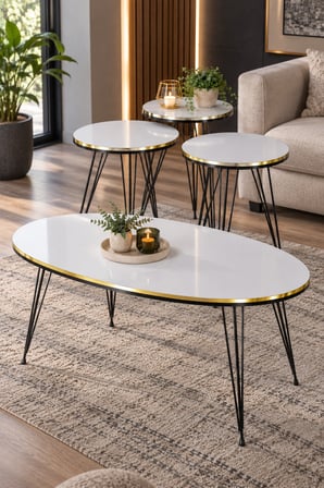 SuloraHome Siyah Tel Ayaklı Beyaz 4'lü Sehpa Seti