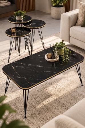 SuloraHome Siyah Mermer Desenli 4'lü Sehpa Seti