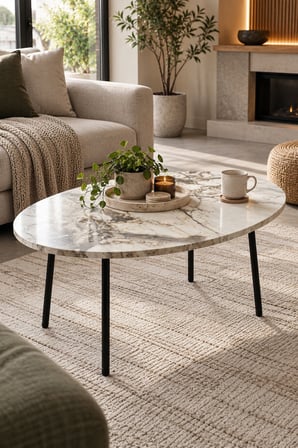 SuloraHome Metal Ayaklı Oval Orta Sehpa Efes Beyaz Mermer Desenli