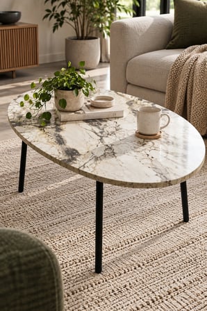 SuloraHome Metal Ayaklı Oval Orta Sehpa Efes Beyaz Mermer Desenli