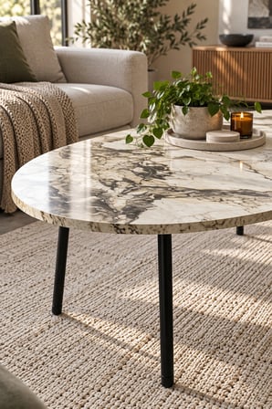 SuloraHome Metal Ayaklı Oval Orta Sehpa Efes Beyaz Mermer Desenli