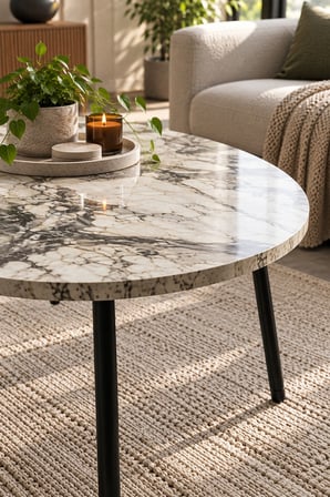 SuloraHome Metal Ayaklı Oval Orta Sehpa Efes Beyaz Mermer Desenli