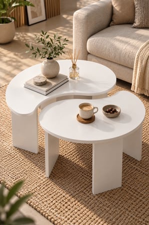 SuloraHome Orta Sehpa 2'li Sehpa Seti Oval Modern Dekoratif Salon Oturma Odası Sehpası Denge 9255 Beyaz
