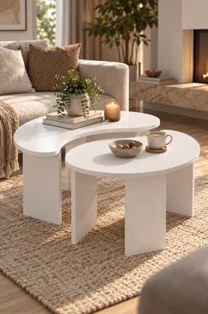 SuloraHome Orta Sehpa 2'li Sehpa Seti Oval Modern Dekoratif Salon Oturma Odası Sehpası Denge 9255 Beyaz