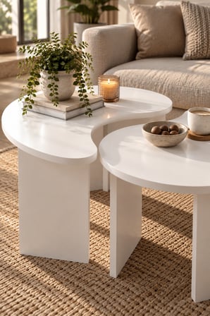 SuloraHome Orta Sehpa 2'li Sehpa Seti Oval Modern Dekoratif Salon Oturma Odası Sehpası Denge 9255 Beyaz