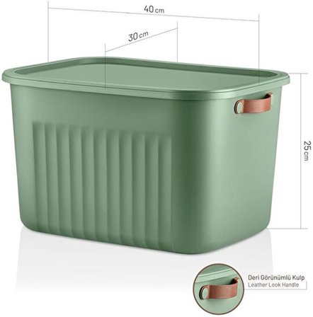 1 ADET 20 Lt Dev Boy Çok Amaçlı Kapaklı Kutu - Deri Kulp Detaylı Dolap İçi Düzenleyici Organizer (40x30x25 cm) (YEŞİL)