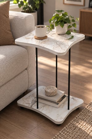 SuloraHome Tekerlekli Yan Sehpa Mermer Desenli Beyaz