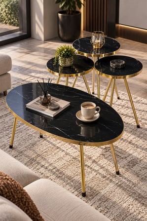 SuloraHome Elips Elips Orta Sehpa ve Zigon Sehpa Seti Altın Metal Ayaklı