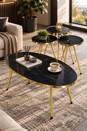 SuloraHome Elips Elips Orta Sehpa ve Zigon Sehpa Seti Altın Metal Ayaklı