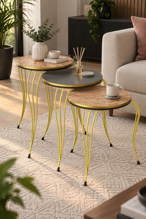 SuloraHome Lükens Metal Ayaklı 3'lü Zigon Sehpa Takımı Antrasit Gri ve Ceviz
