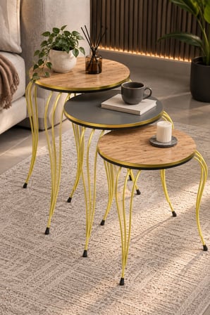 SuloraHome Lükens Metal Ayaklı 3'lü Zigon Sehpa Takımı Antrasit Gri ve Ceviz