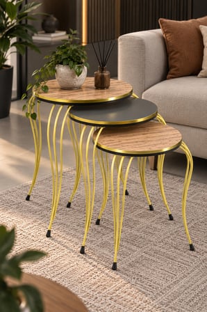 SuloraHome Lükens Metal Ayaklı 3'lü Zigon Sehpa Takımı Antrasit Gri ve Ceviz