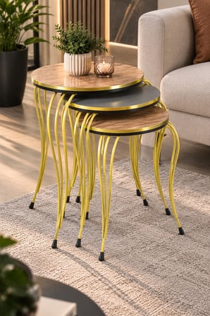 SuloraHome Lükens Metal Ayaklı 3'lü Zigon Sehpa Takımı Antrasit Gri ve Ceviz