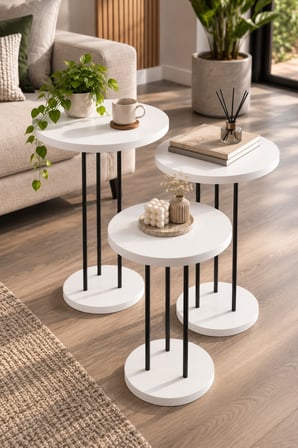 SuloraHome Beyaz Metal Ayaklı 3'lü Yuvarlak Zigon Sehpa Takımı