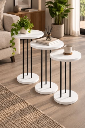 SuloraHome Beyaz Metal Ayaklı 3'lü Yuvarlak Zigon Sehpa Takımı