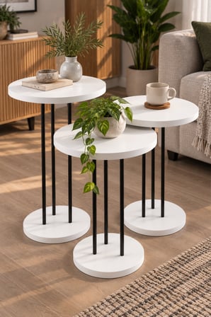 SuloraHome Beyaz Metal Ayaklı 3'lü Yuvarlak Zigon Sehpa Takımı
