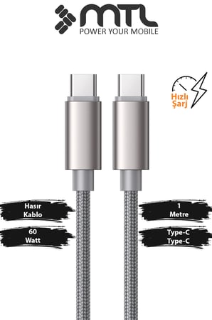 60W PD Type-C to Type-C Örgülü Hızlı Şarj ve Data Kablosu 1 Metre MT2119