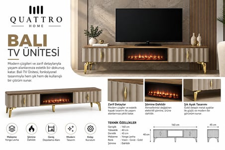 Bali Elektrikli Şömineli Vizon Ceviz Gold TV Ünitesi 160 cm