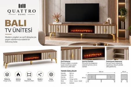 Bali Elektrikli Şömineli Vizon Ceviz Gold TV Ünitesi 160 cm