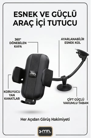 Extra Uzun Güçlü Esnek Kollu Dayanıklı Araç İçi Telefon Tutucu Otomatik Kilitli Güçlü Vantuz