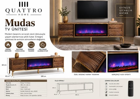 Mudas Elektrikli Şömineli TV Ünitesi 180 cm Ceviz Gold Modern Dalgalı Kapaklı TV Sehpası