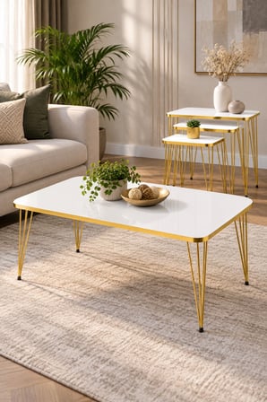 SuloraHome Gold Tel Ayaklı 4'lü Sehpa Seti Beyaz