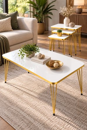 SuloraHome Gold Tel Ayaklı 4'lü Sehpa Seti Beyaz