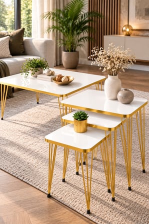 SuloraHome Gold Tel Ayaklı 4'lü Sehpa Seti Beyaz