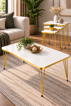 SuloraHome Gold Tel Ayaklı 4'lü Sehpa Seti Beyaz
