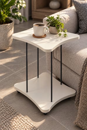 SuloraHome Tekerlekli Yan Sehpa Krem Renk Metal Ayaklı Servis Sehpası