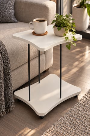 SuloraHome Tekerlekli Yan Sehpa Krem Renk Metal Ayaklı Servis Sehpası